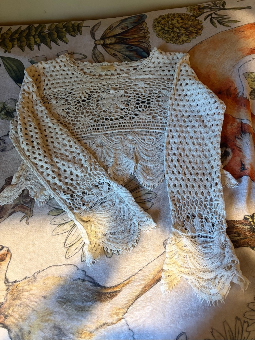 Rebellion Cream Crochet Lace Long-Sleeve Blouse